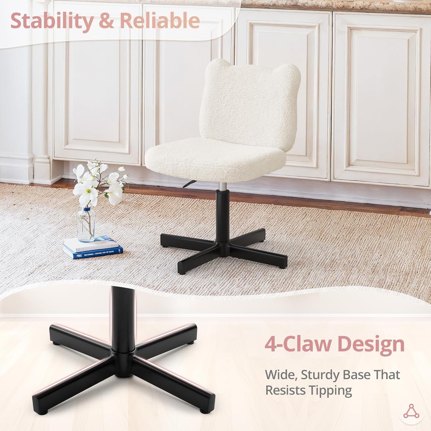 Adjustable Vanity Stool Chair with Girly Bear Ear Wide Back, 360° Swivel Vanity Stool for Makeup Room, Upholstered Teddy Velvet Ottoman for Teen Girls, 350lbs, Beige