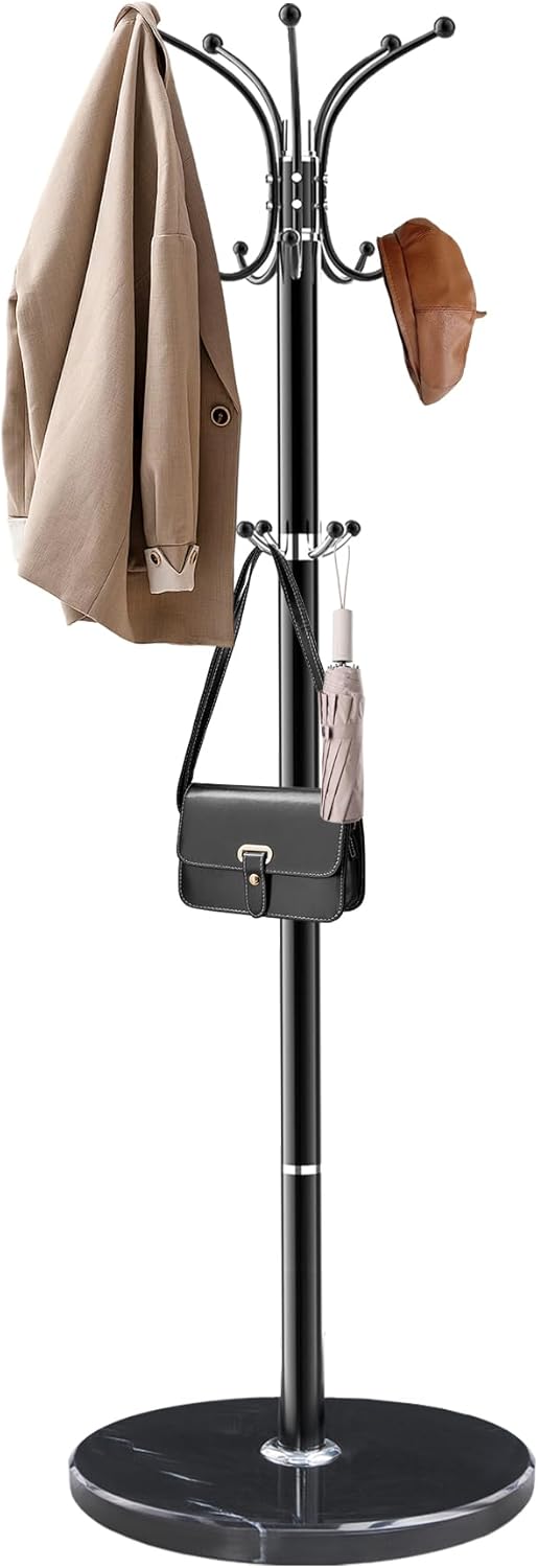 Metal Coat Rack with Natural Marble Base,360°Rotary Coat Rack Stand with 14 Hooks,Modern Freestanging Coat Racks,White Coat Jacket Hanger Clothes Tree Stand for Entryway,Corner