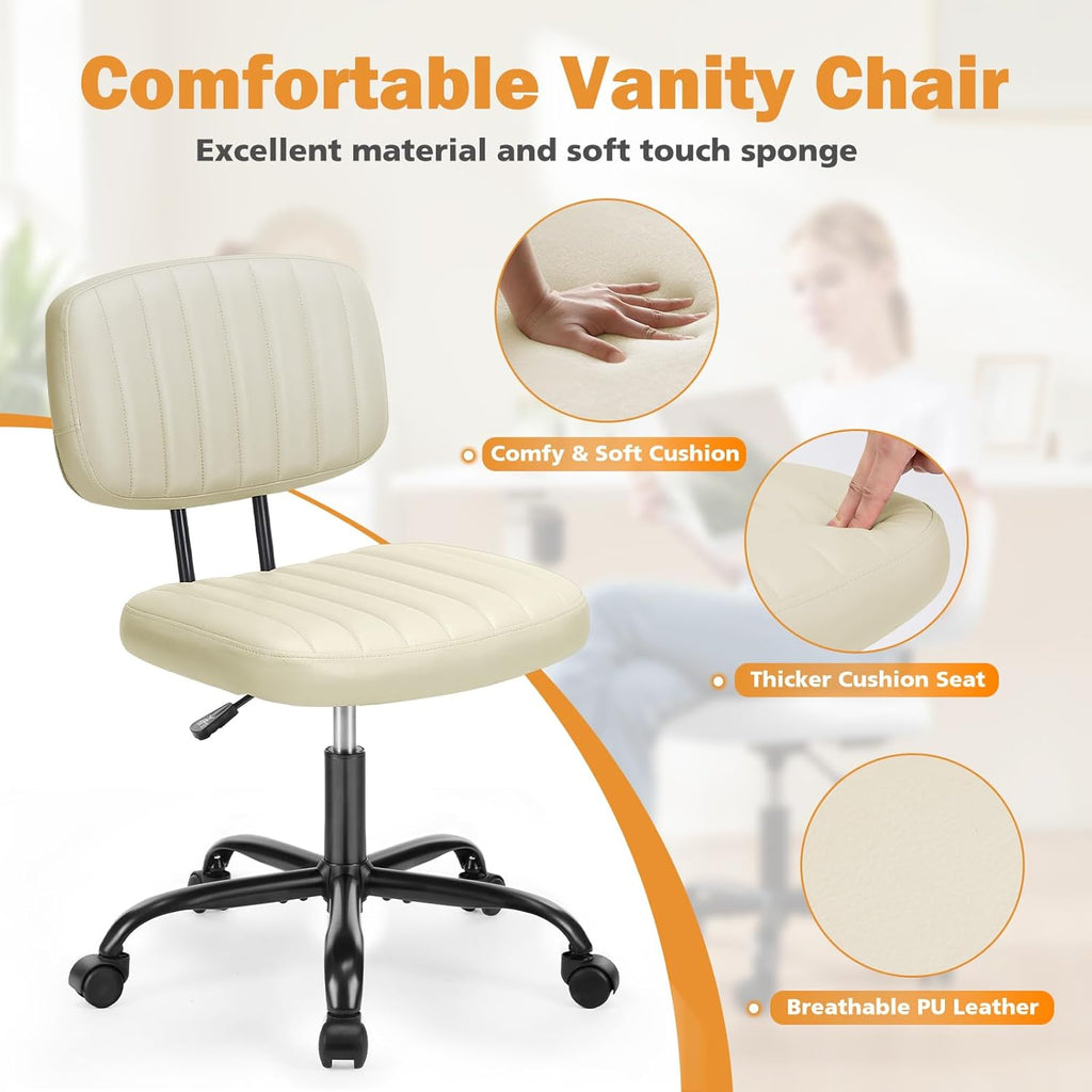 Small Office Desk Chair - Armless PU Leather with Comfy Lumbar Support, Height Adjustable Rolling Swivel Task for No Arms, for Adult, Student, Bedroom, Home, Vanity, Beige White