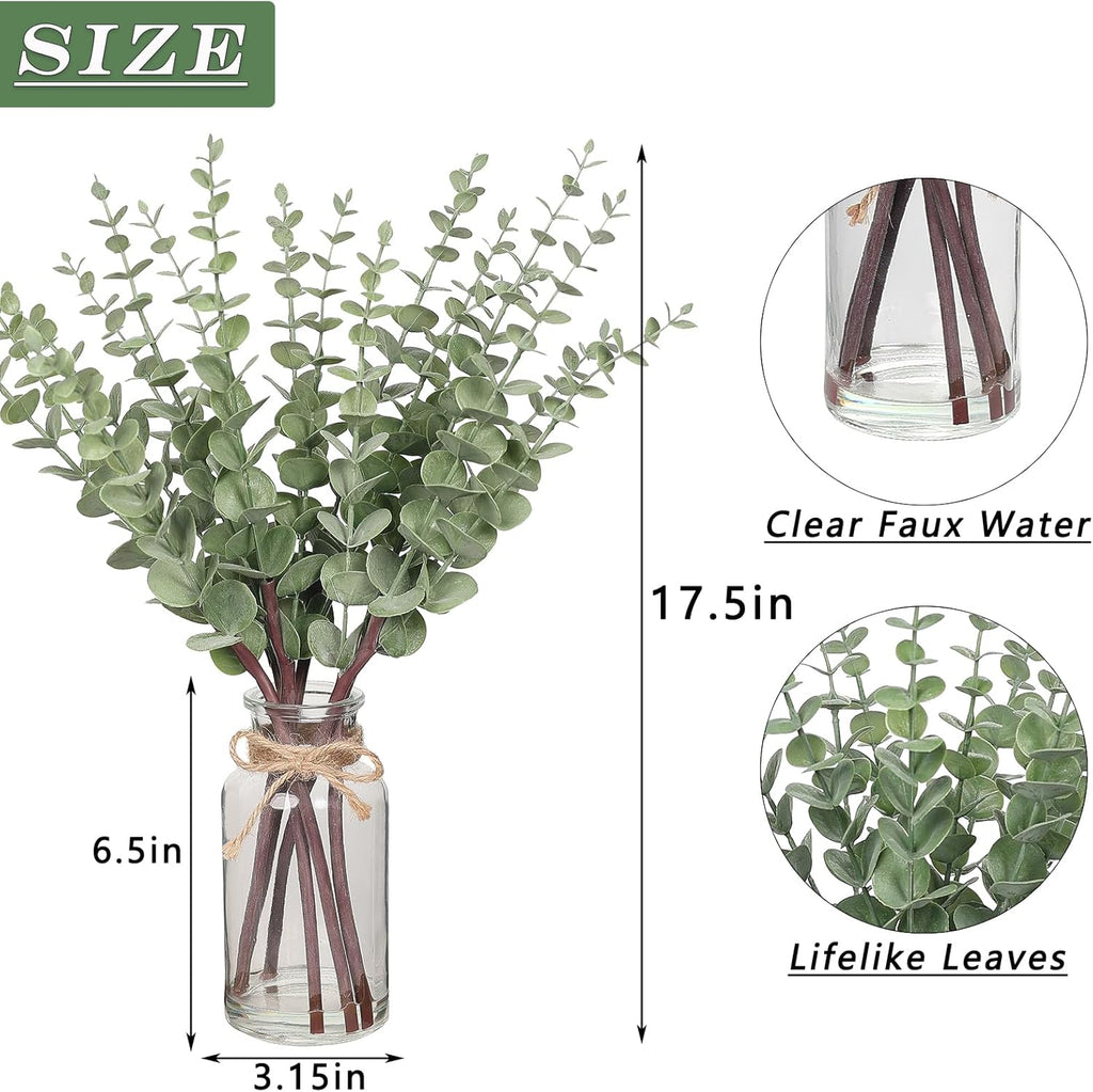 17.5" Artificial Eucalyptus Stems in Glass Vase with Faux Water,Fake Plant Eucalyptus Leaves White Seeds for Centerpiece Table Decorations Farmhouse Wedding Home Greenery Decor (Sage Green)