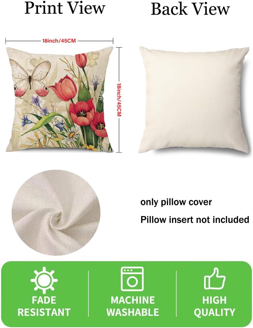 wyooxoo Throw Pillow Covers 18x18 Set of 4 Decorative Spring Pillow Covers Linen Flower Butterfly Farmhouse Pillowcases for Sofa Couch Living Room Outdoor