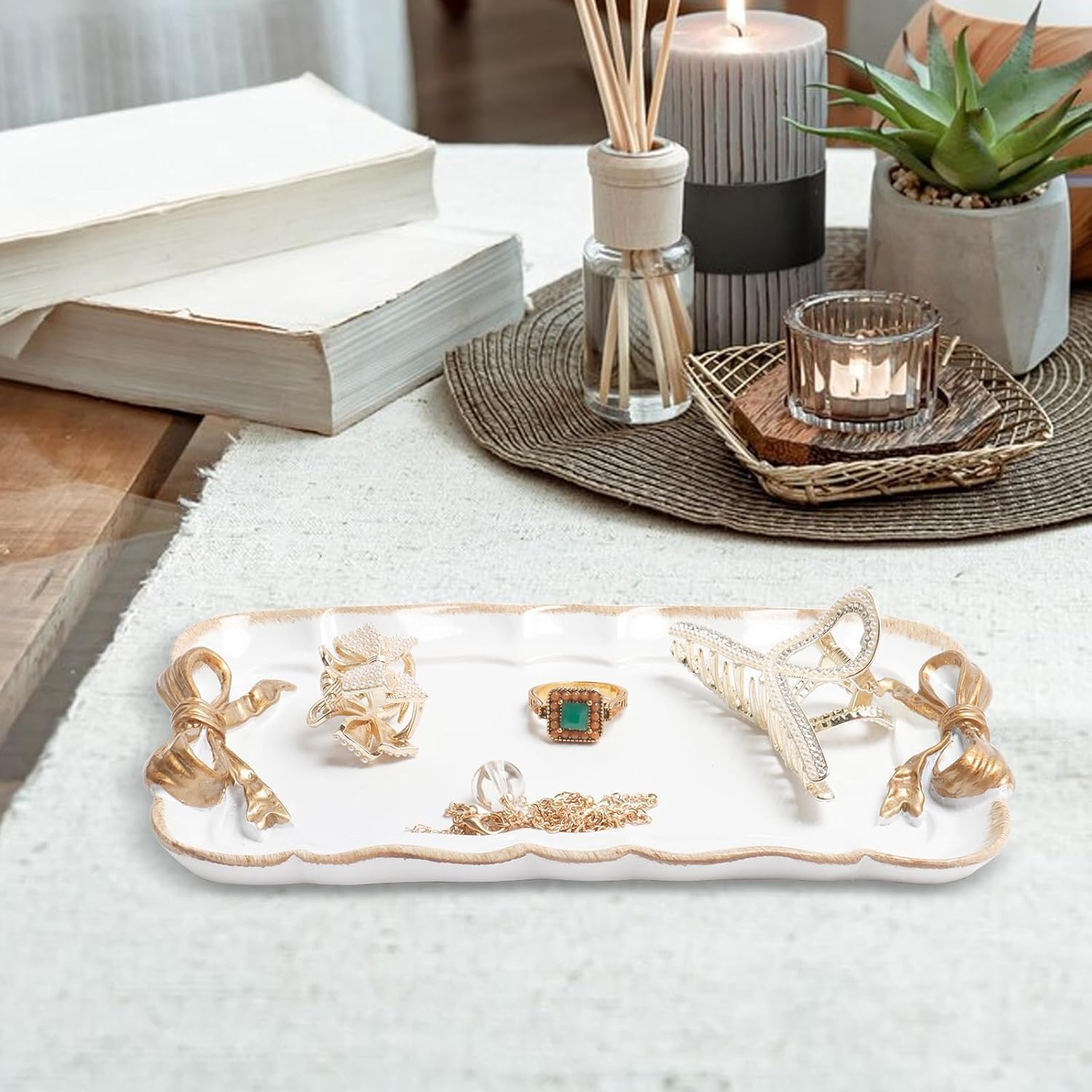 Jewelry Organizer, Decorative Tray for Jewelry, Towel, Storage, Rings, Bracelets, Earrings, Cosmetics, Retro Design, Bow Decor Resin Plate Coquette for Room Decor, White