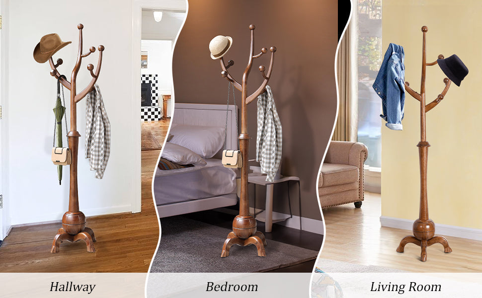 Coat Rack Freestanding Wood Coat Tree Rack with 8 Hooks, Creative Design Tree Branch-look, Standing Coat Rack Clothes Hanger Stand with Stury Base for Entryway, Hallway, Bedroom - Load 160lb (Walnut)