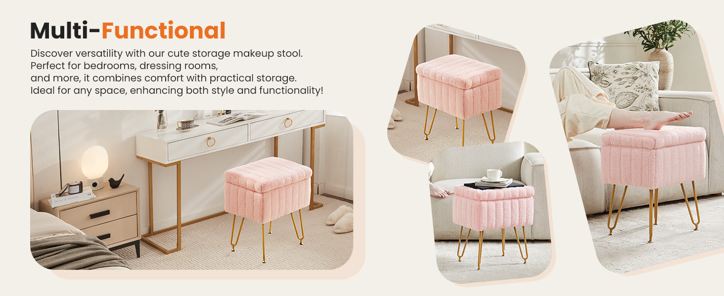 Vanity Stool Chair with Storage, 18.9”H x 16”L x 12.2”W Ottoman Chair Faux Fur Soft Padded Makeup Footstools Seat with 4 Metal Legs Anti-Slip Adjustable Feet for Make Up, Pink