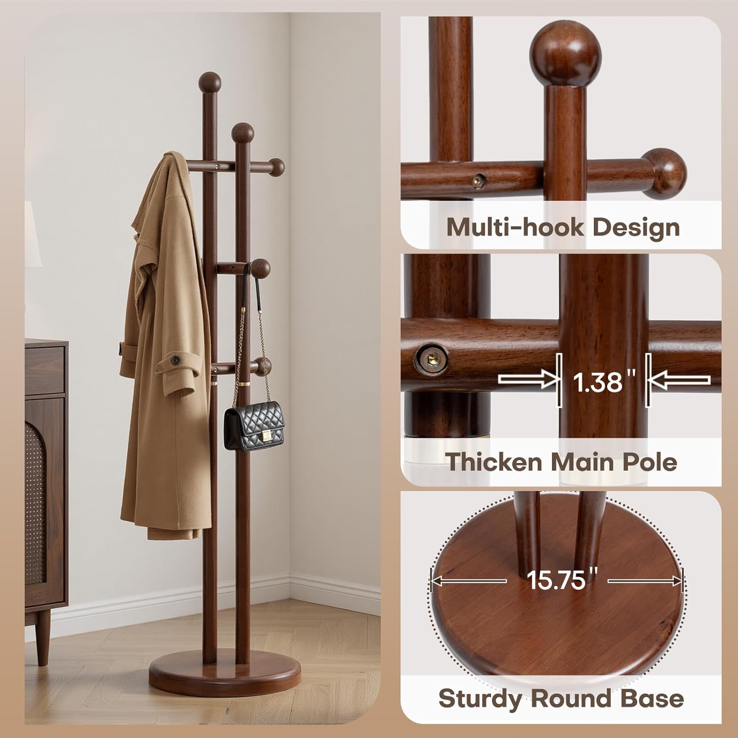 Coat Rack Freestanding, Wooden Coat Tree with 2 Main Rods, Heavy Duty Coat Hanger Stand with 15.75" Dia.Round Base, Walnut Standing Hall Tree for Bedroom Living Room, Clothes Jacket Bag Hat