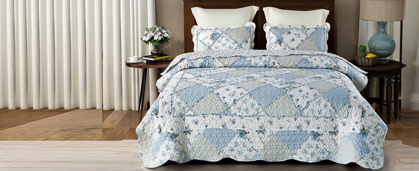 Blue Floral Patchwork Quilt Set, Full Queen Size, 3 Piece Bedding Set with 2 Pillowcases | Blue Patchwork Quilt, Queen Size Bedspread, Reversible Quilt Set, Floral Quilt Set, Patchwork Quilt Set, Queen Comforter Set