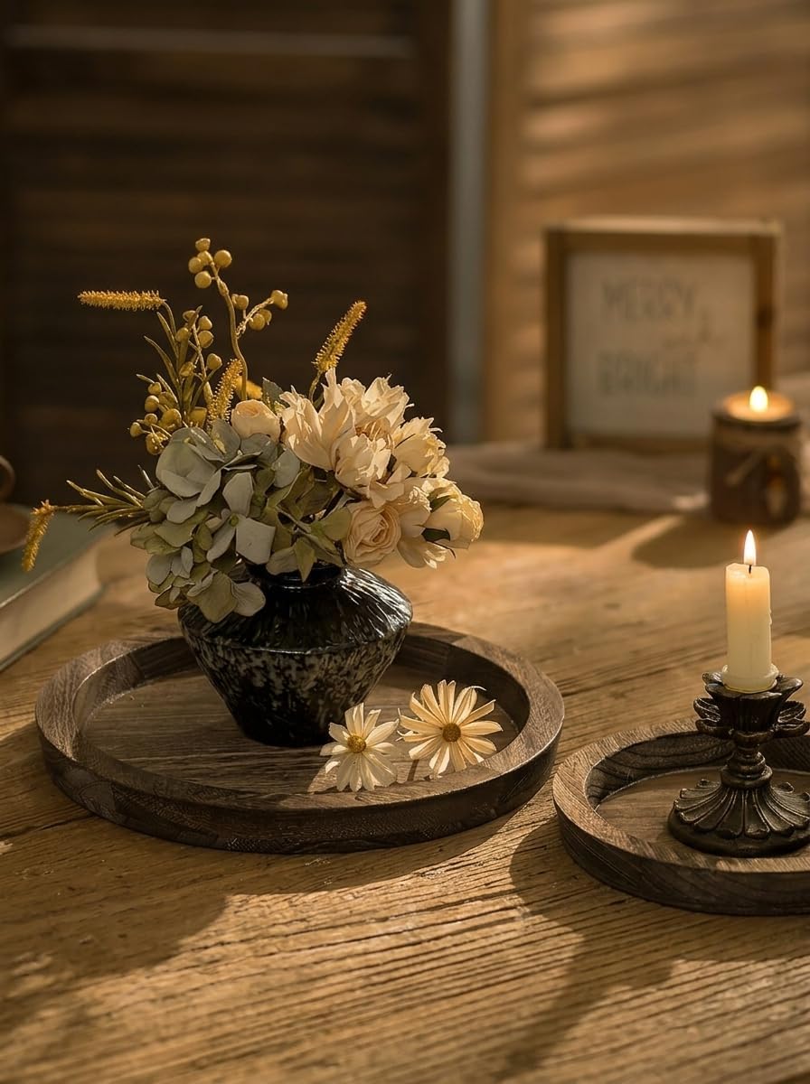 Candle Plate Holder Tray: Round Wood Decorative Candle Plate - Rustic Farmhouse CoffeeTable Decor - Tealight Pillar Trays for Home Decor (Distressed)