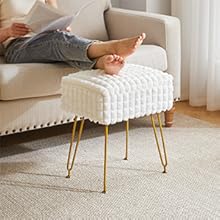 Rectangle Vanity Chair with Storage Space, Footrest Footstool Ottoman, Vanity Stool, Dressing Table Chair, with Anti-Slip Feet, for Makeup Room, Bedroom, Square Grid Pattern, White WBD004W