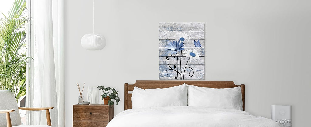 Farmhouse Floral Wall Art for Living Room, Blue and White Daisy Flower and Butterfly on Rustic Wood Board Canvas Wall Art Framed Artwork Ready to Hang for Bathroom Bedroom Decor, 16L X 12W